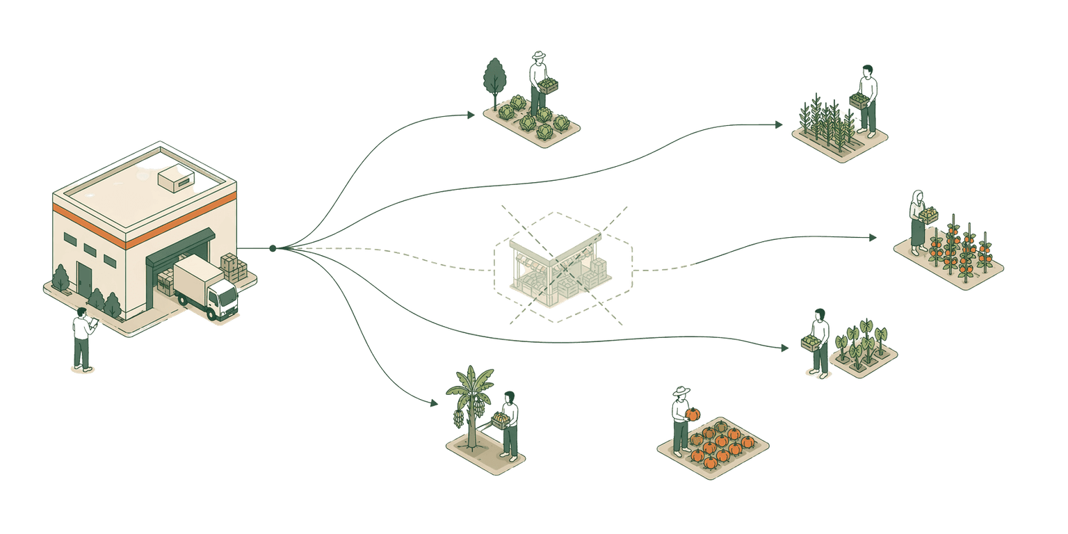 An isometric platform diagram showing an input supplier node connected directly to multiple farmer nodes, bypassing a faded dealer chain