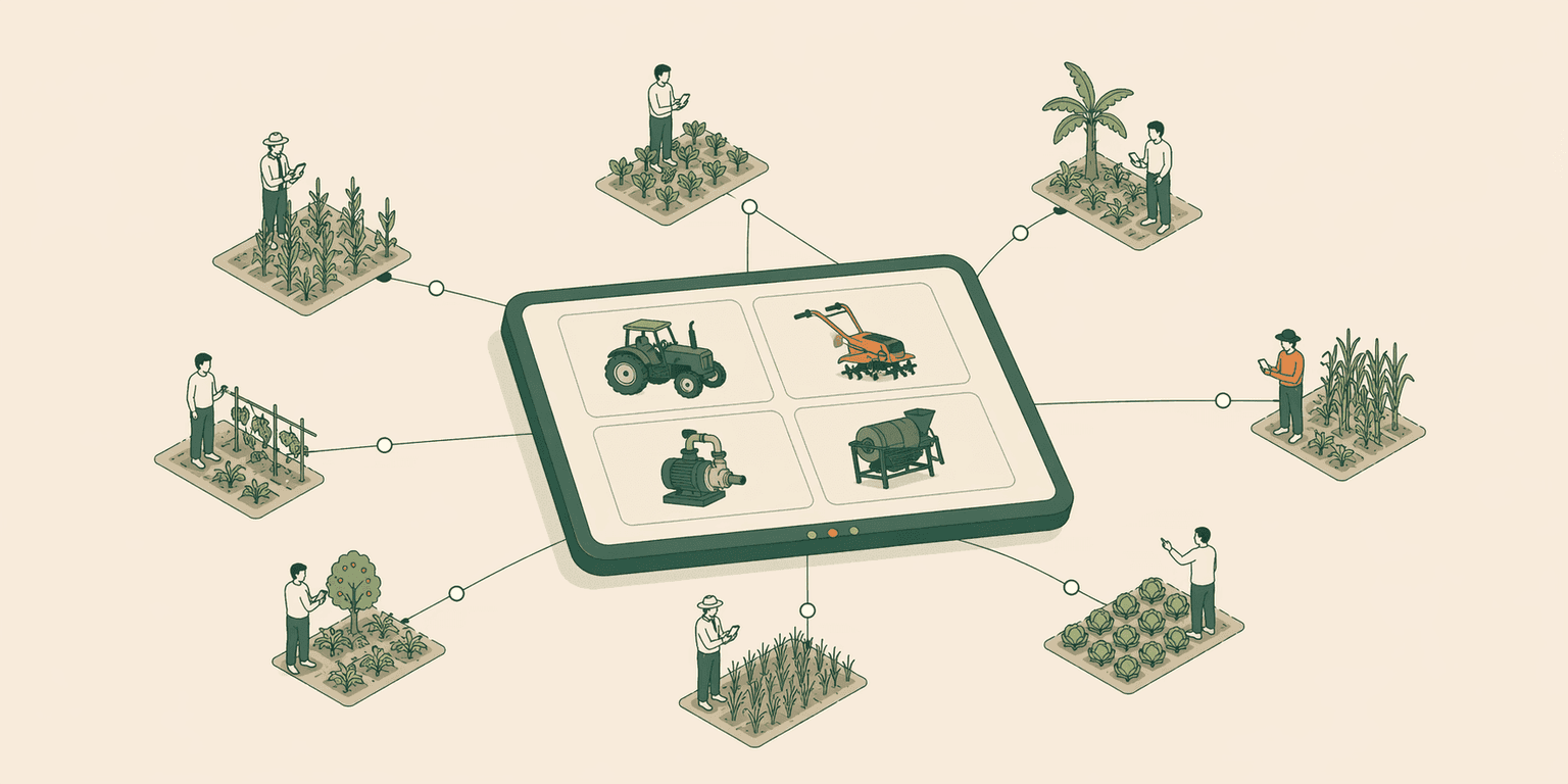 An isometric Jogaan platform view with a machinery catalog connected to farmer figures across a stylized geography