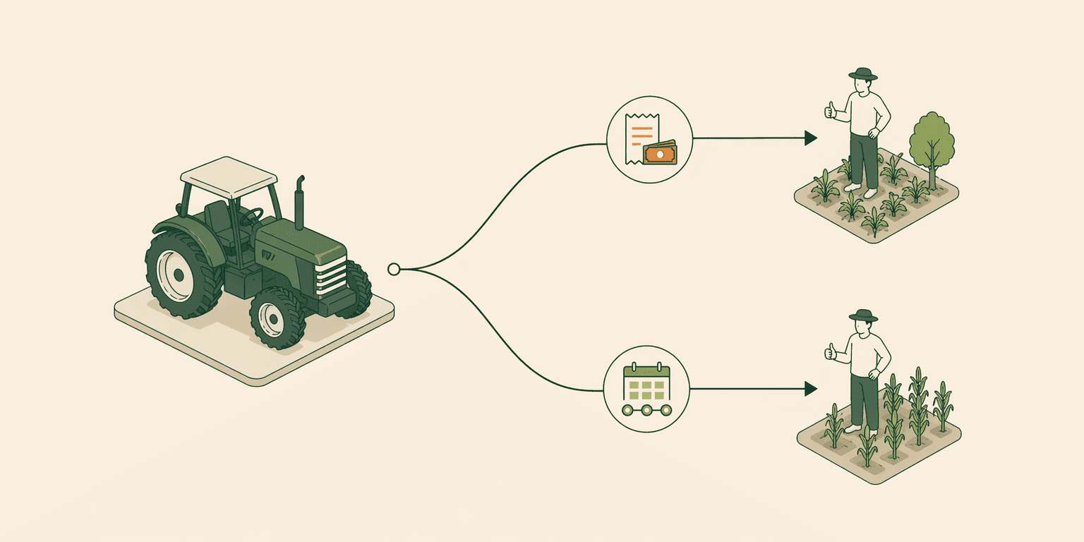 An isometric split-path visualization with a tractor in the center, one path leading to a direct sale and another to a financing ledger, both arriving at a farmer figure