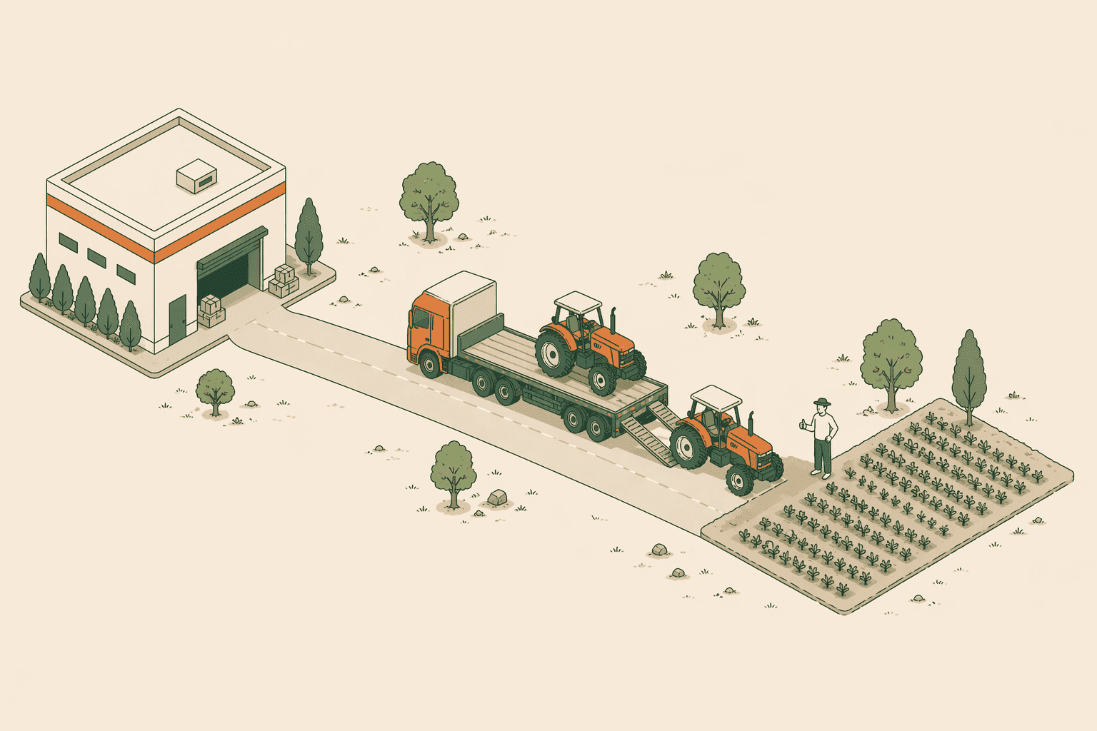 An isometric delivery route showing a tractor being transported from a Fashol hub to a farmer's field