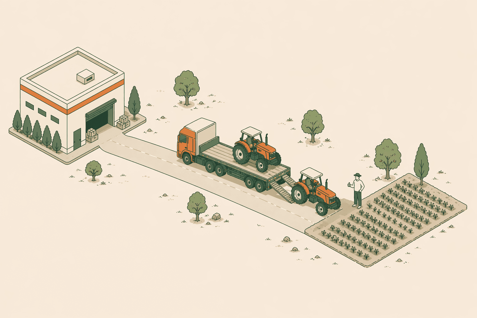 An isometric delivery route showing a tractor being transported from a Fashol hub to a farmer's field