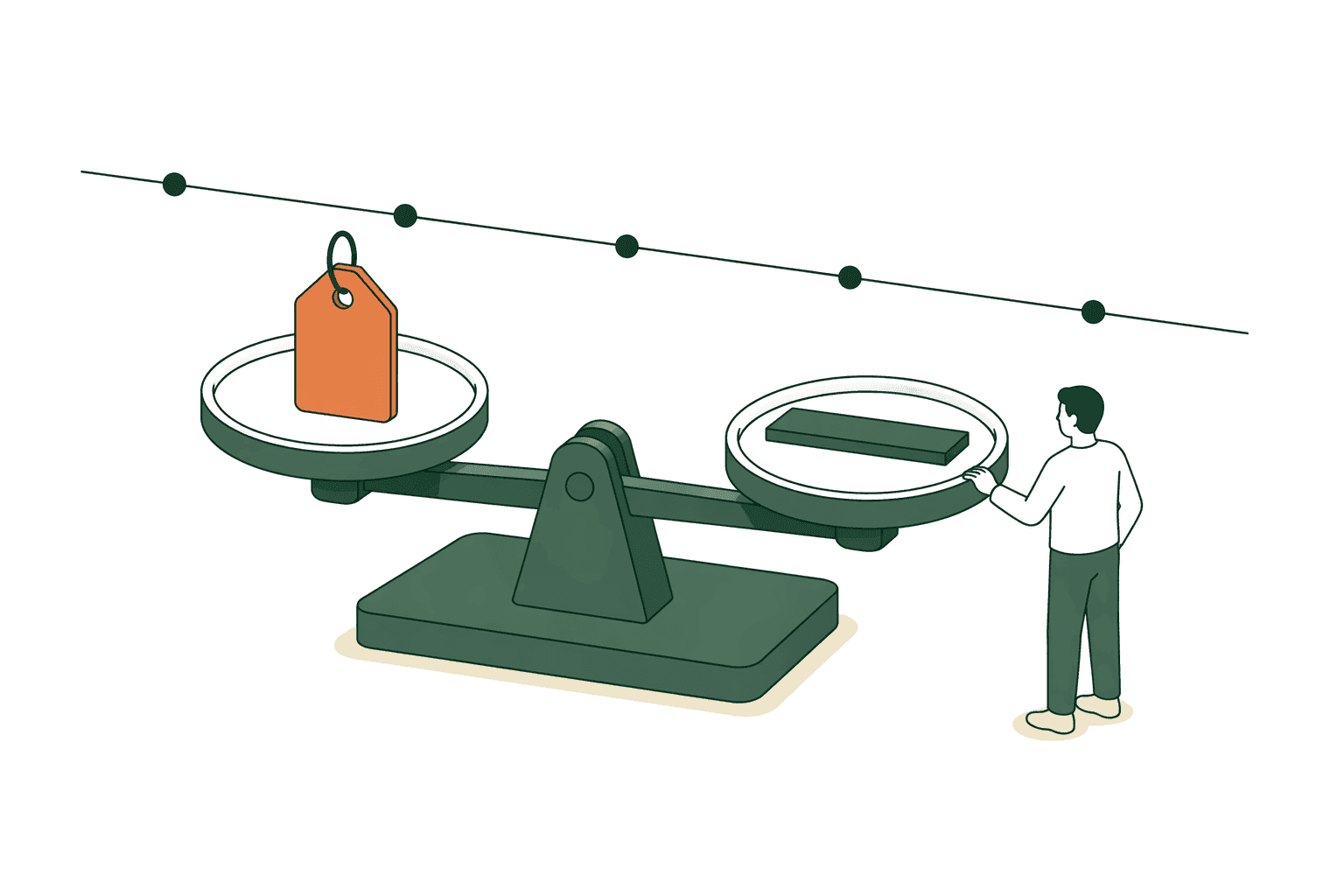 An isometric scale with a price tag stable on top next to a flat-line indicator