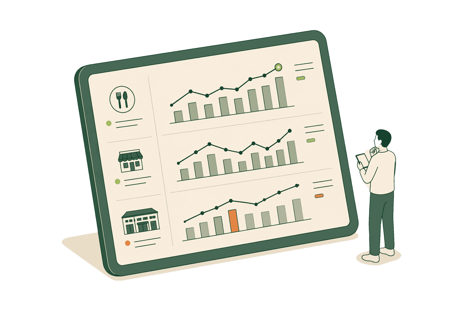 An isometric tablet showing demand indicators and charts with small icons representing restaurant, supershop, and quick commerce buyers