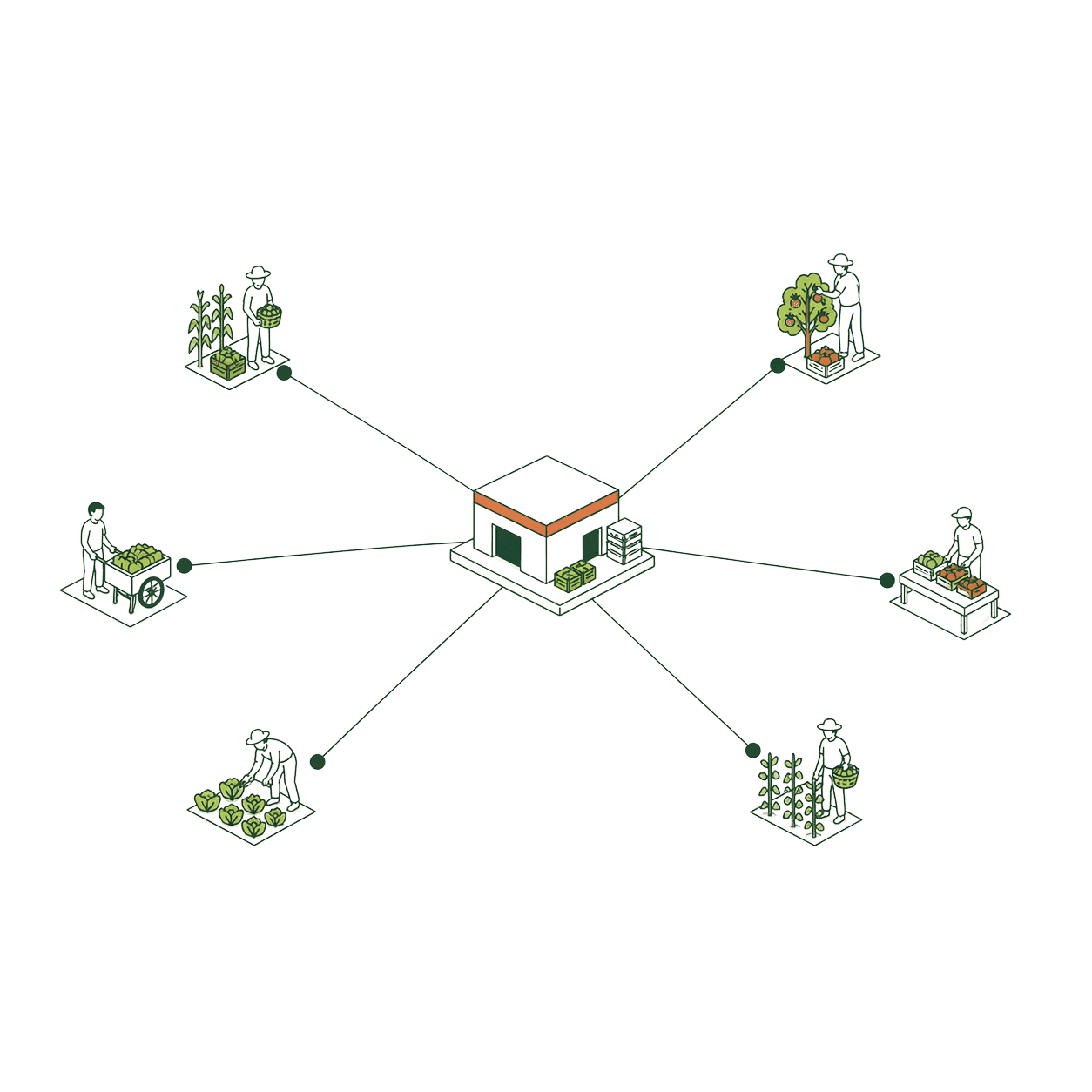 Six farmers on field plots connected by lines to a single orange-roofed Fashol hub at the center