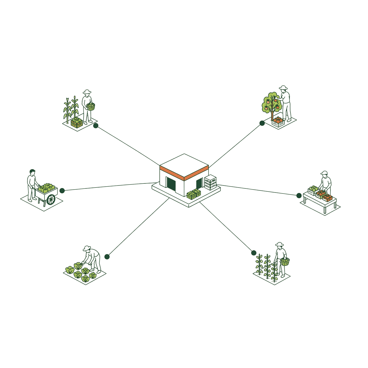 Six farmers on field plots connected by lines to a single orange-roofed Fashol hub at the center