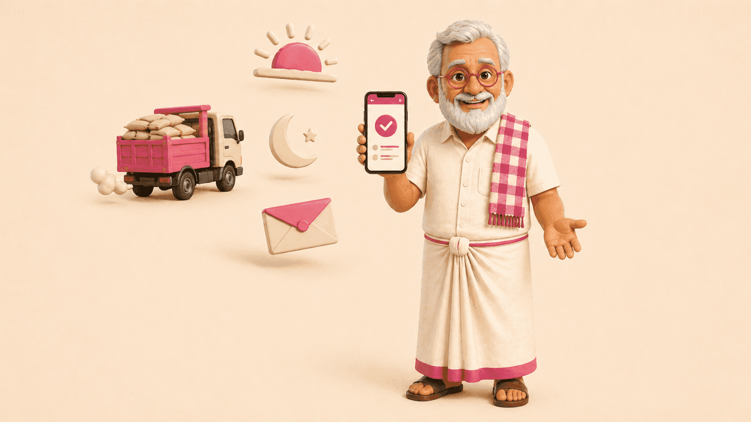 Farmer with a phone showing a confirmation, a truck departing, and a sun-and-moon notification