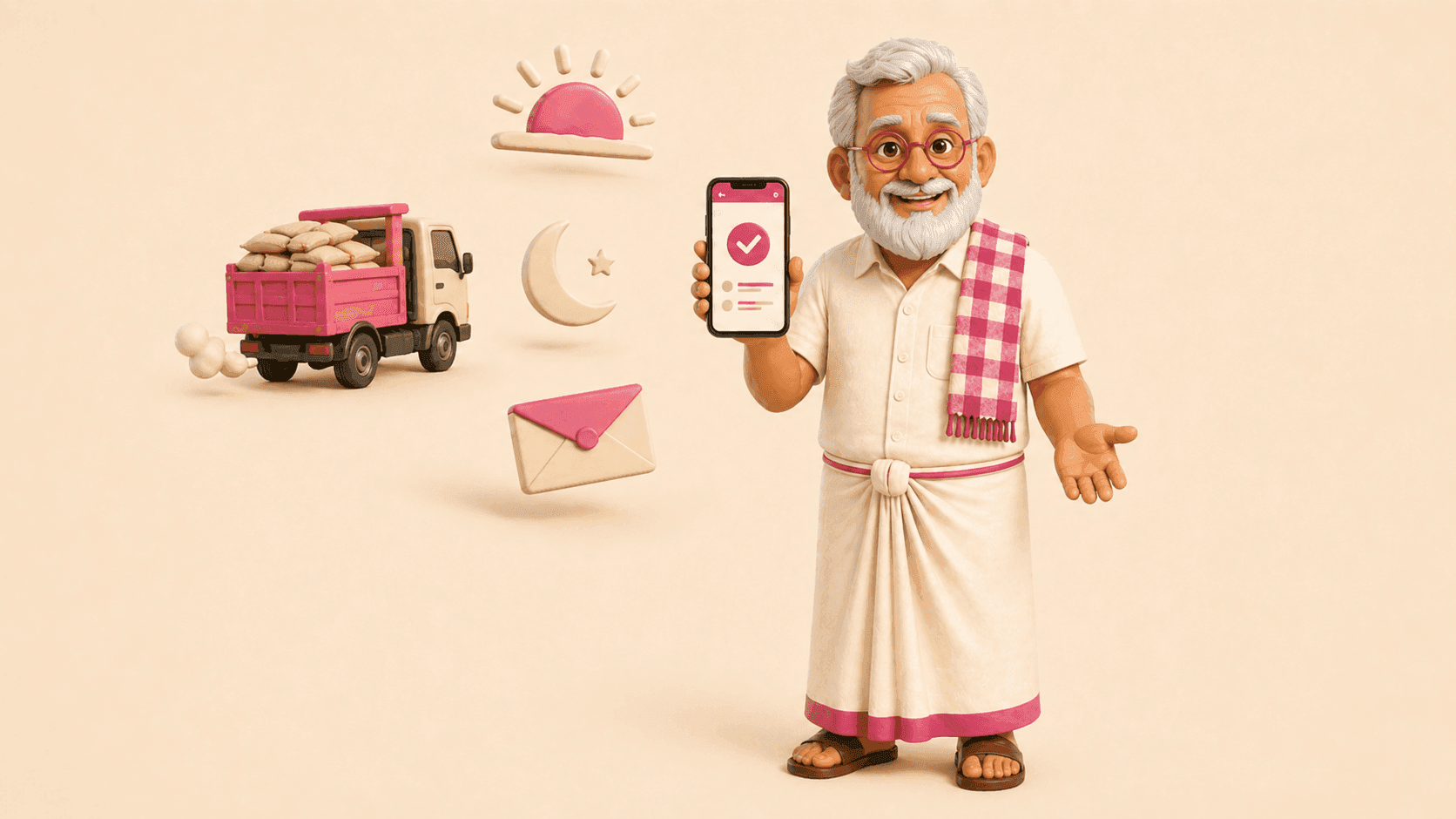 Farmer with a phone showing a confirmation, a truck departing, and a sun-and-moon notification