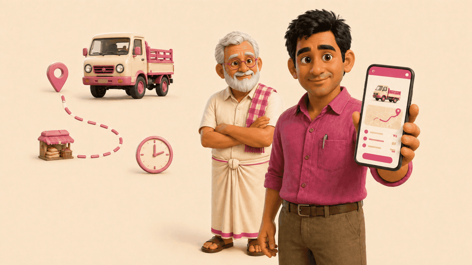 Younger farmer holding a phone with a truck booking, older farmer approving in the background