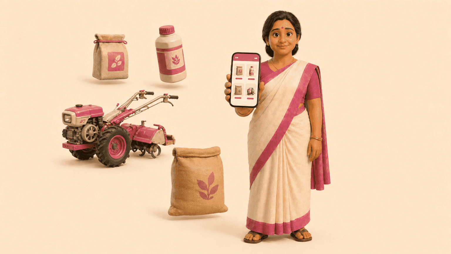 Woman farmer holding a phone with a catalog of inputs floating around her