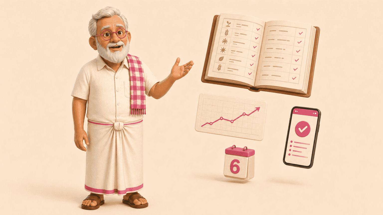 Farmer with a teaching gesture, ledger and credit approval graphics floating beside him