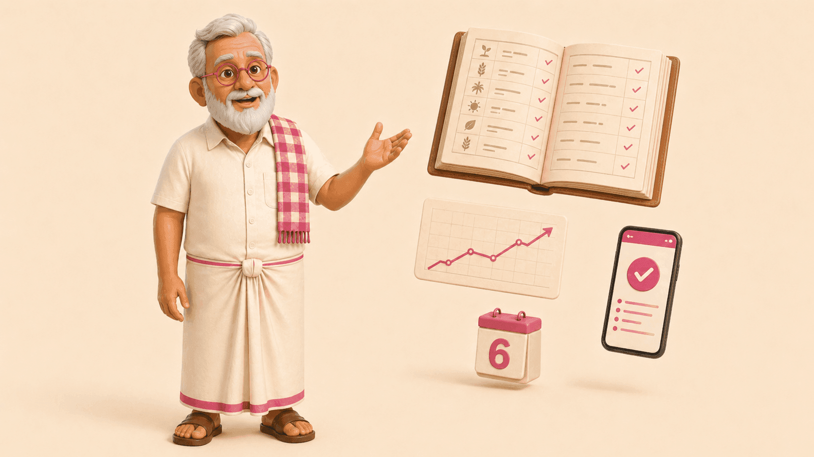 Farmer with a teaching gesture, ledger and credit approval graphics floating beside him
