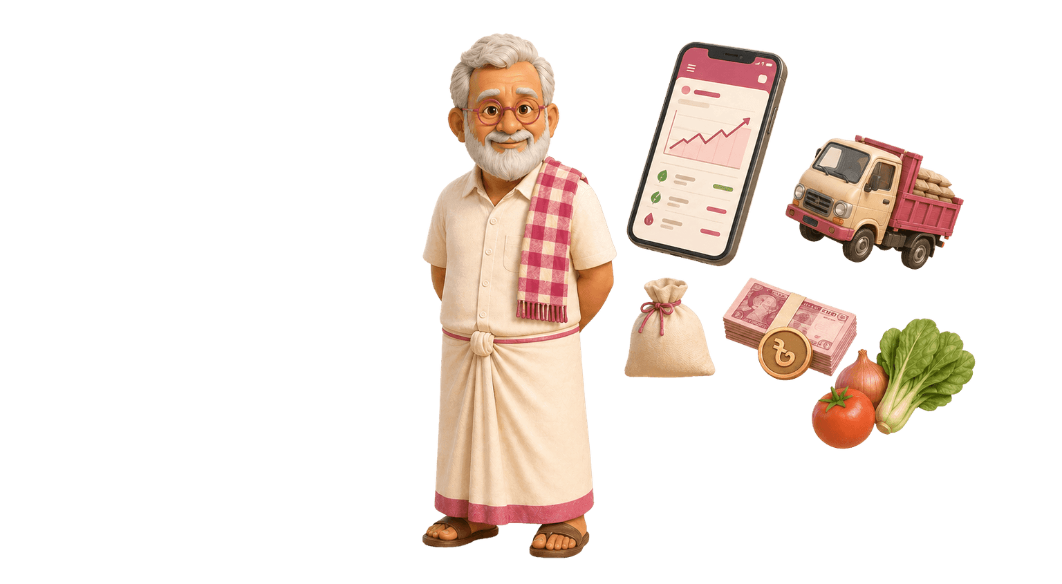 A patriarch farmer with a floating cluster of phone, truck, seed sack, taka coin, and vegetables