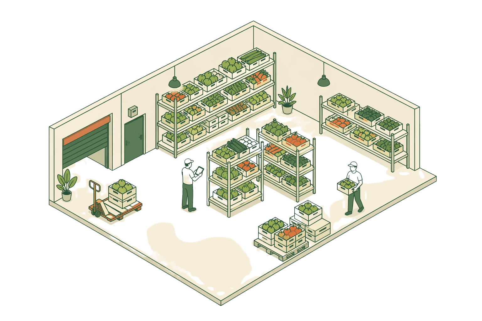 An isometric dark-store interior with shelves of fresh produce crates stocked in orderly rows