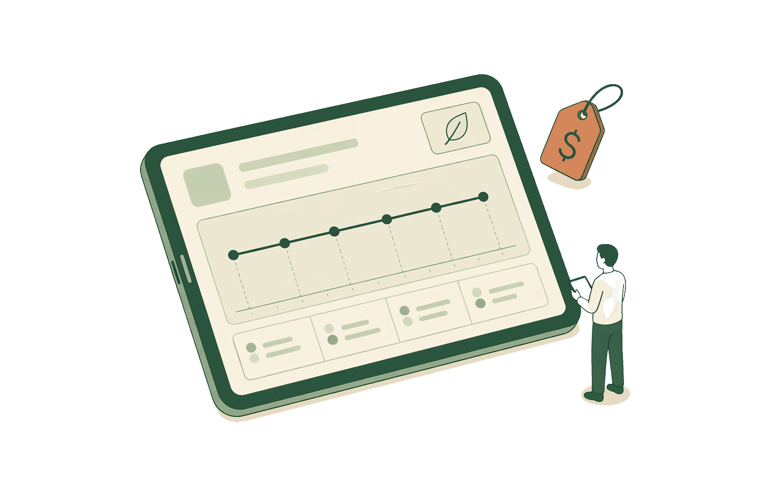 A line illustration of a price tag and pricing dashboard showing a flat stable line