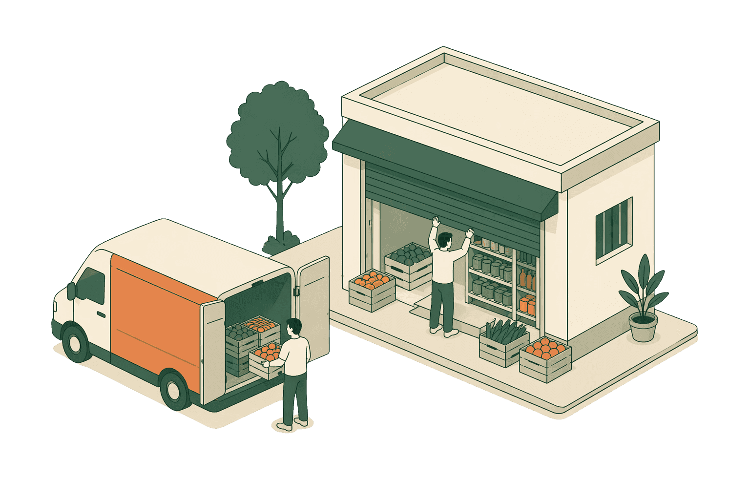 An isometric mudi shop with produce arriving at the door from a delivery van, owner opening the shutter