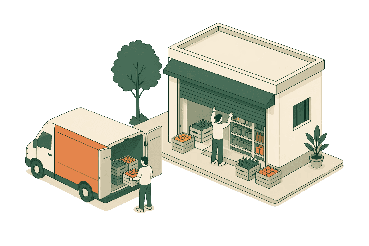 An isometric mudi shop with produce arriving at the door from a delivery van, owner opening the shutter