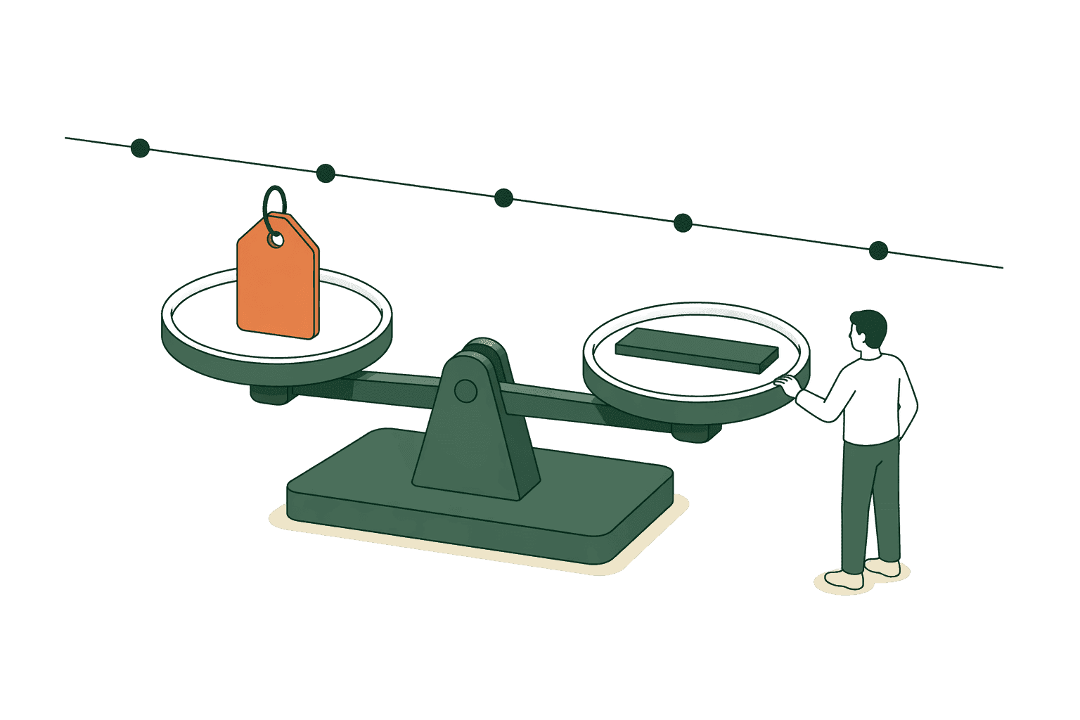 An isometric scale with a price tag stable on top next to a flat-line indicator