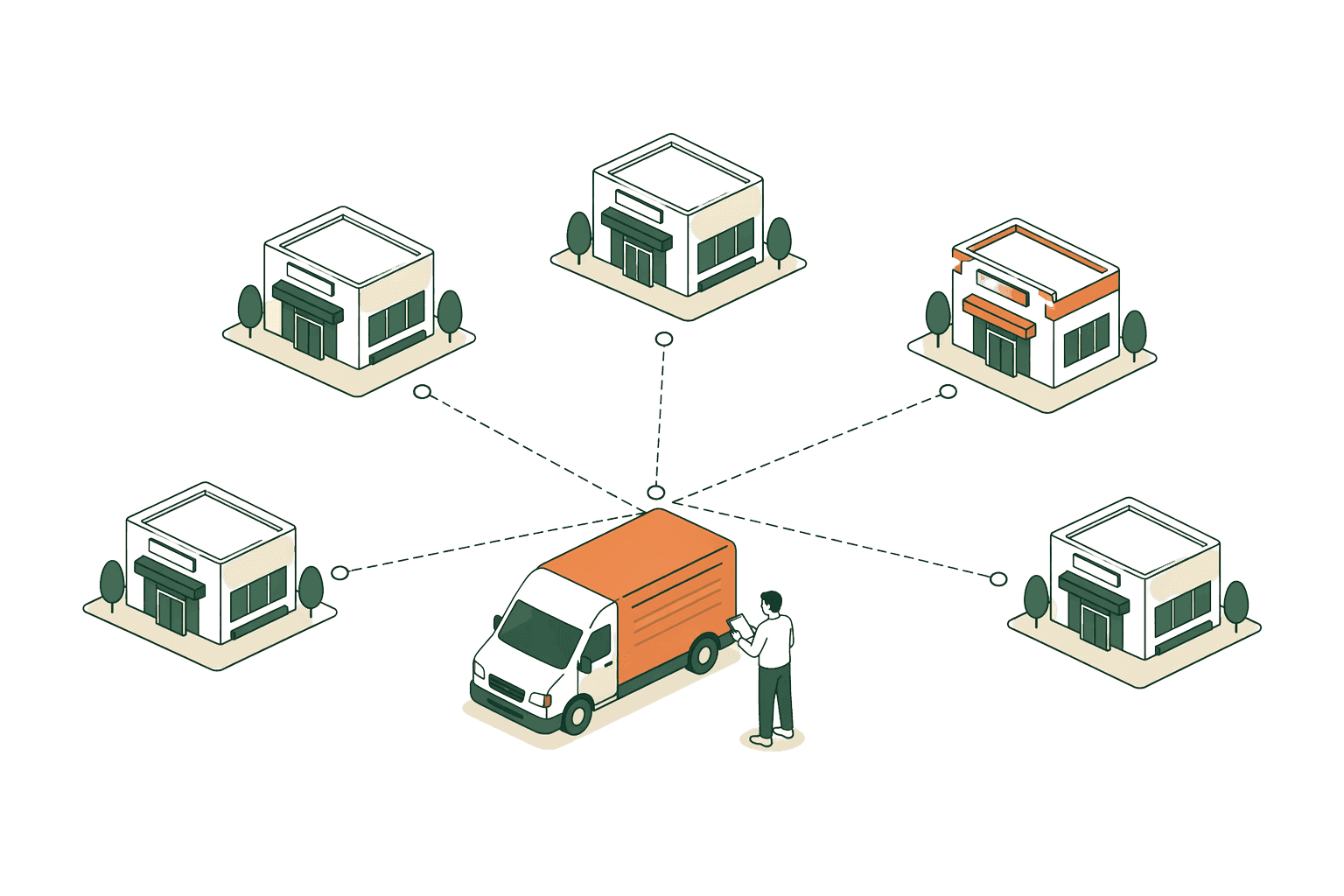 An isometric delivery van tracing a supply route with multiple drop-off points