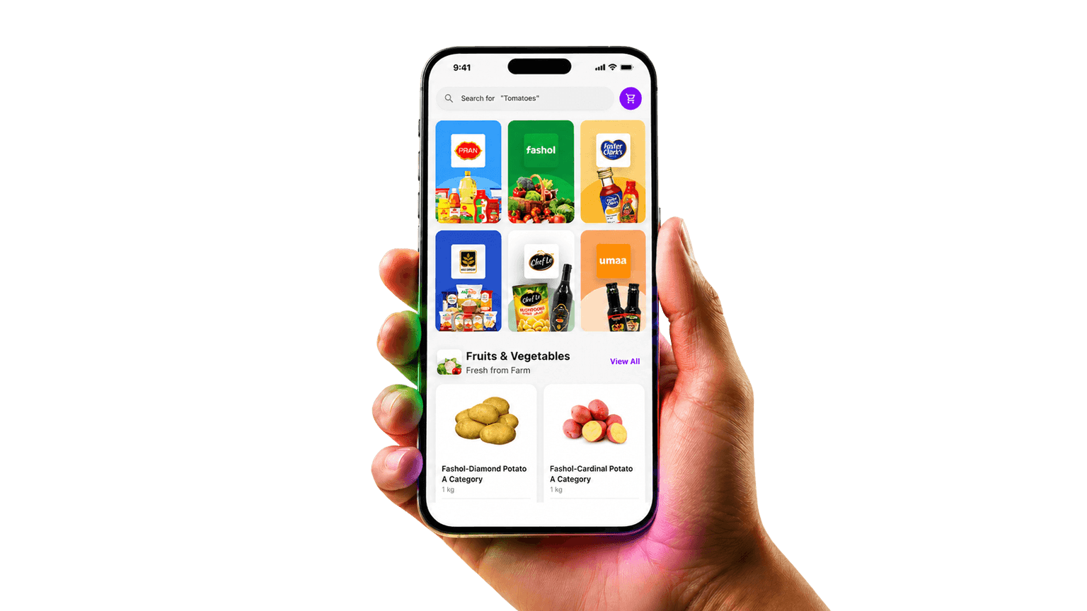 Phone showing the Hyperfarm marketplace with brand and category tiles.