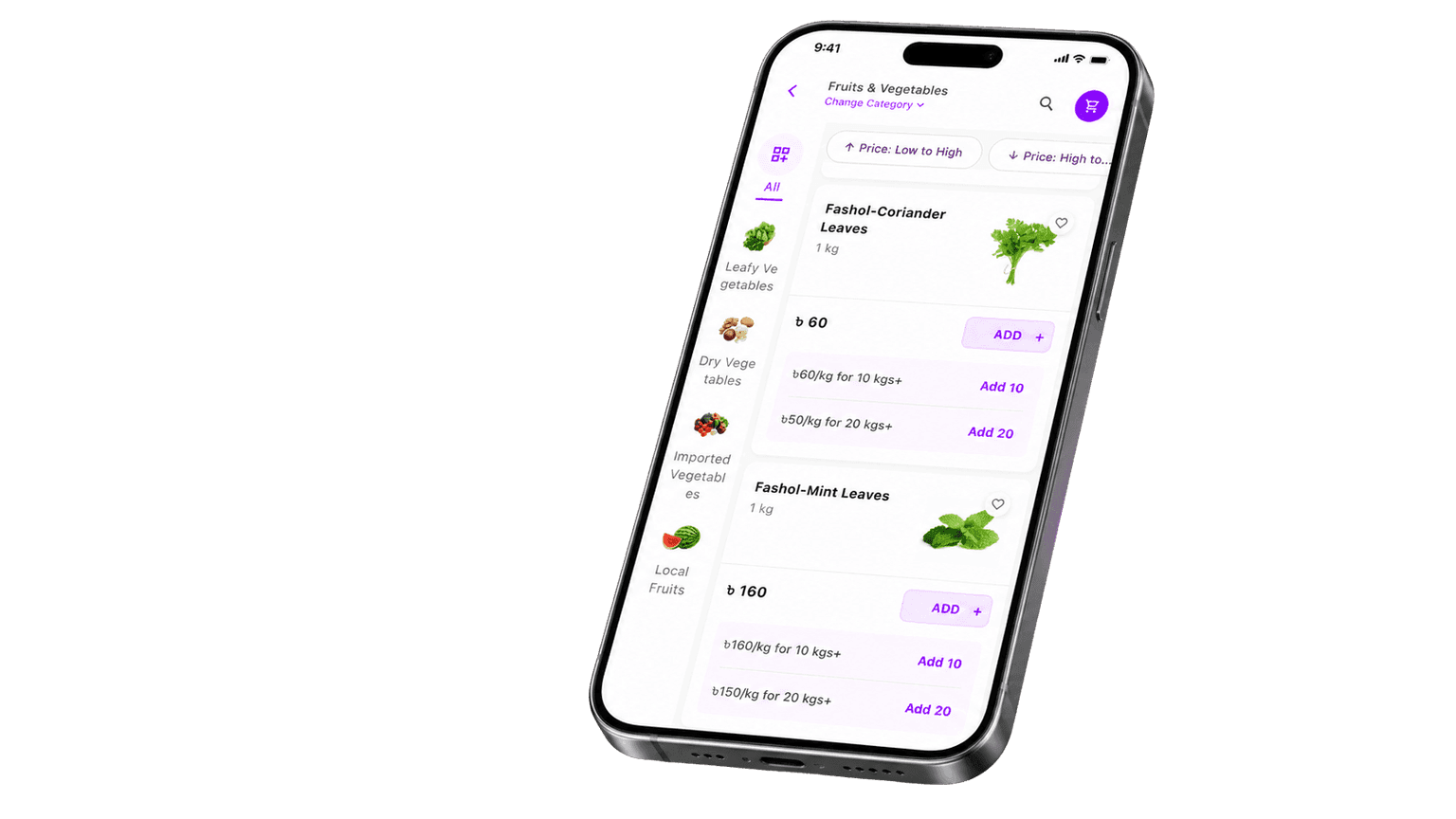 Tilted phone showing a Hyperfarm category page with bulk pricing for fresh herbs.