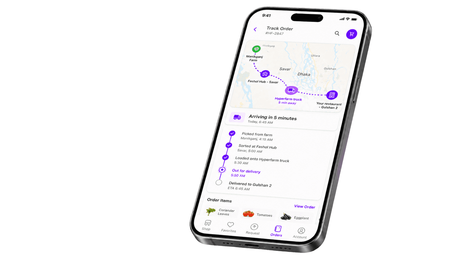 Tilted phone showing a Hyperfarm order tracking screen with a live route map.