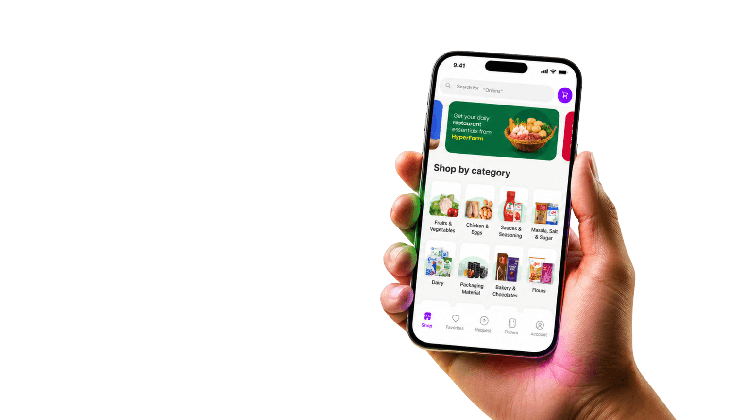 Hand holding a phone showing the Hyperfarm app home screen with category tiles and a search bar.