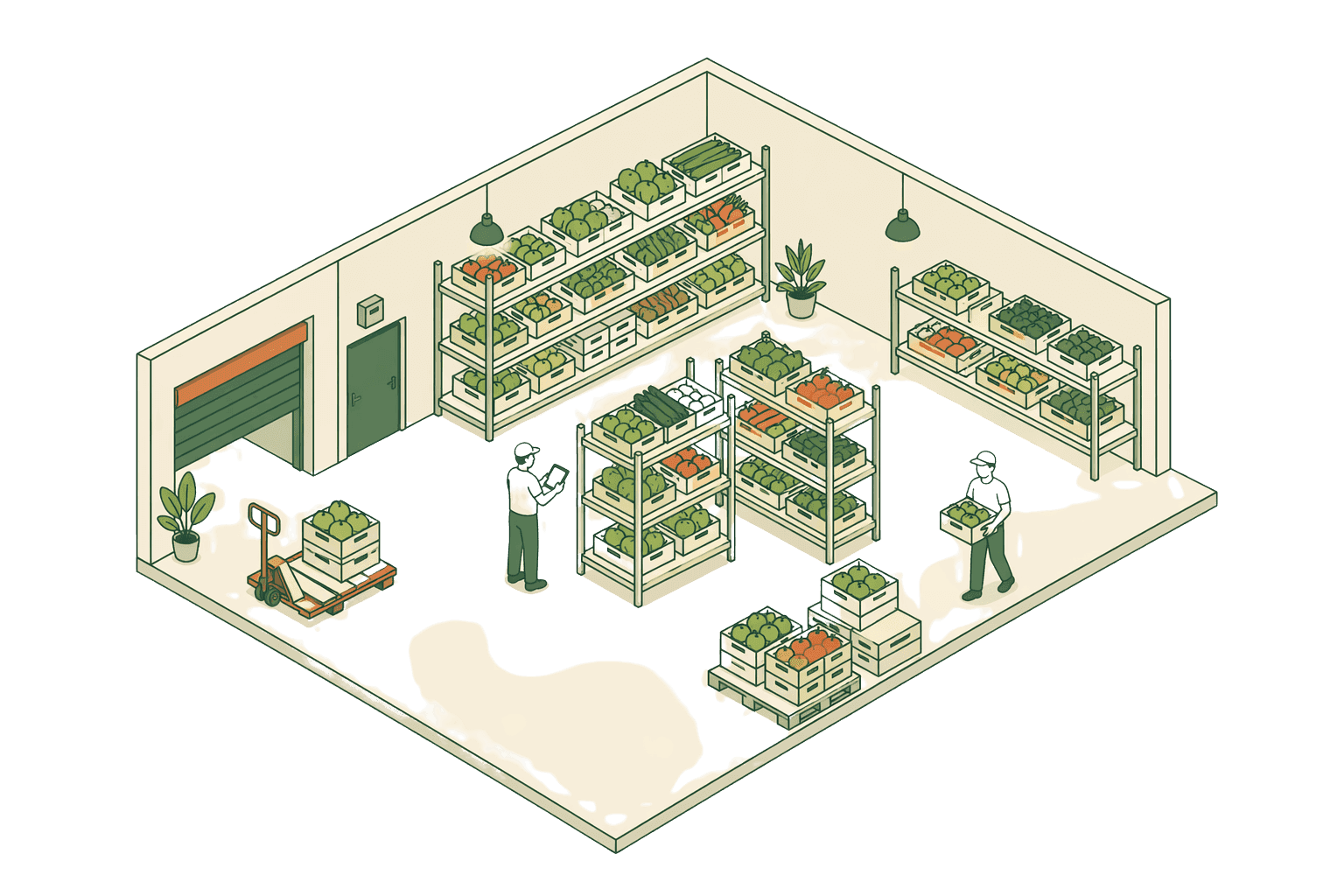 An isometric dark-store interior with shelves of fresh produce crates stocked in orderly rows