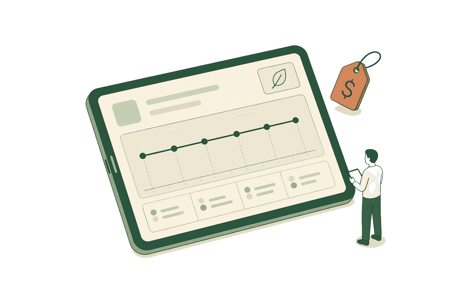 A line illustration of a price tag and pricing dashboard showing a flat stable line
