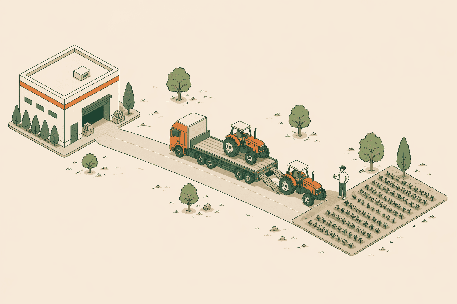 An isometric delivery route showing a tractor being transported from a Fashol hub to a farmer's field