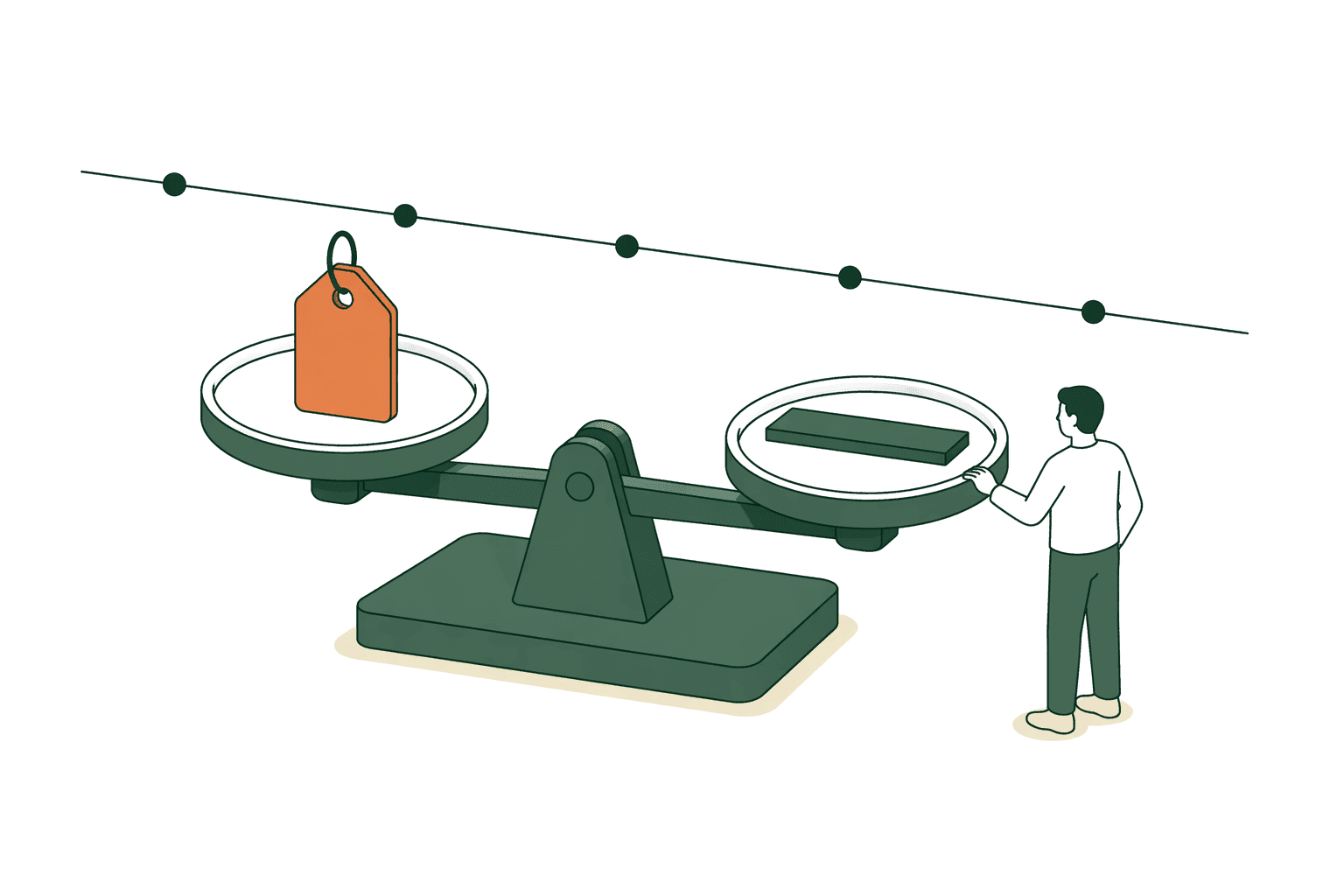 An isometric scale with a price tag stable on top next to a flat-line indicator