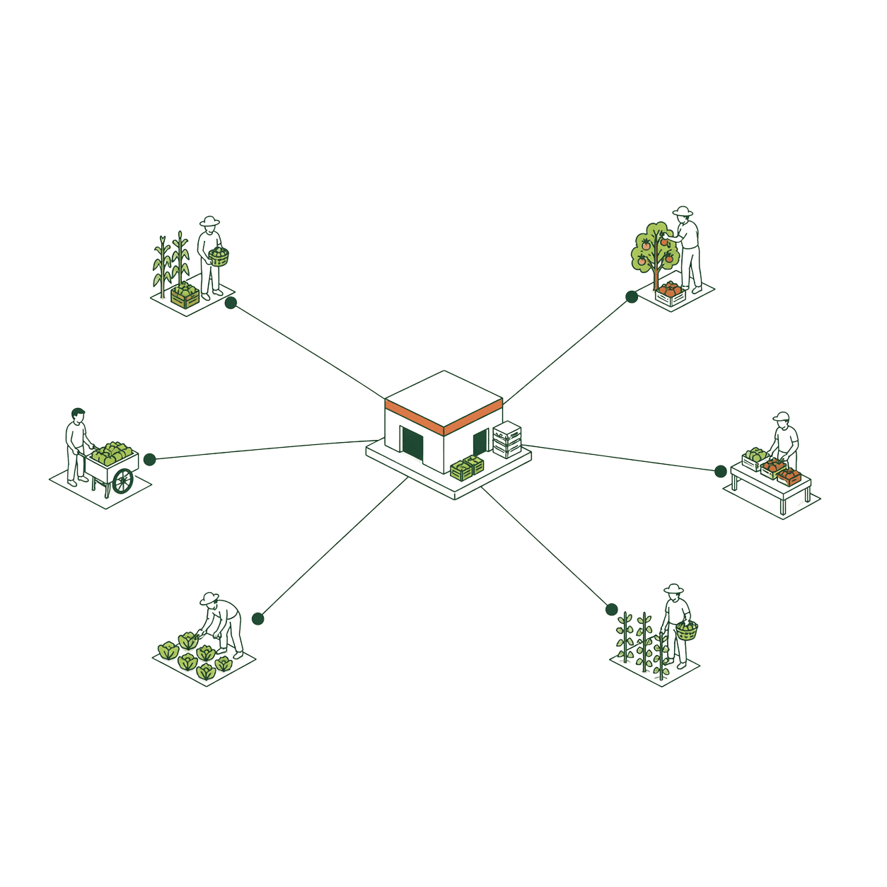 Six farmers on field plots connected by lines to a single orange-roofed Fashol hub at the center
