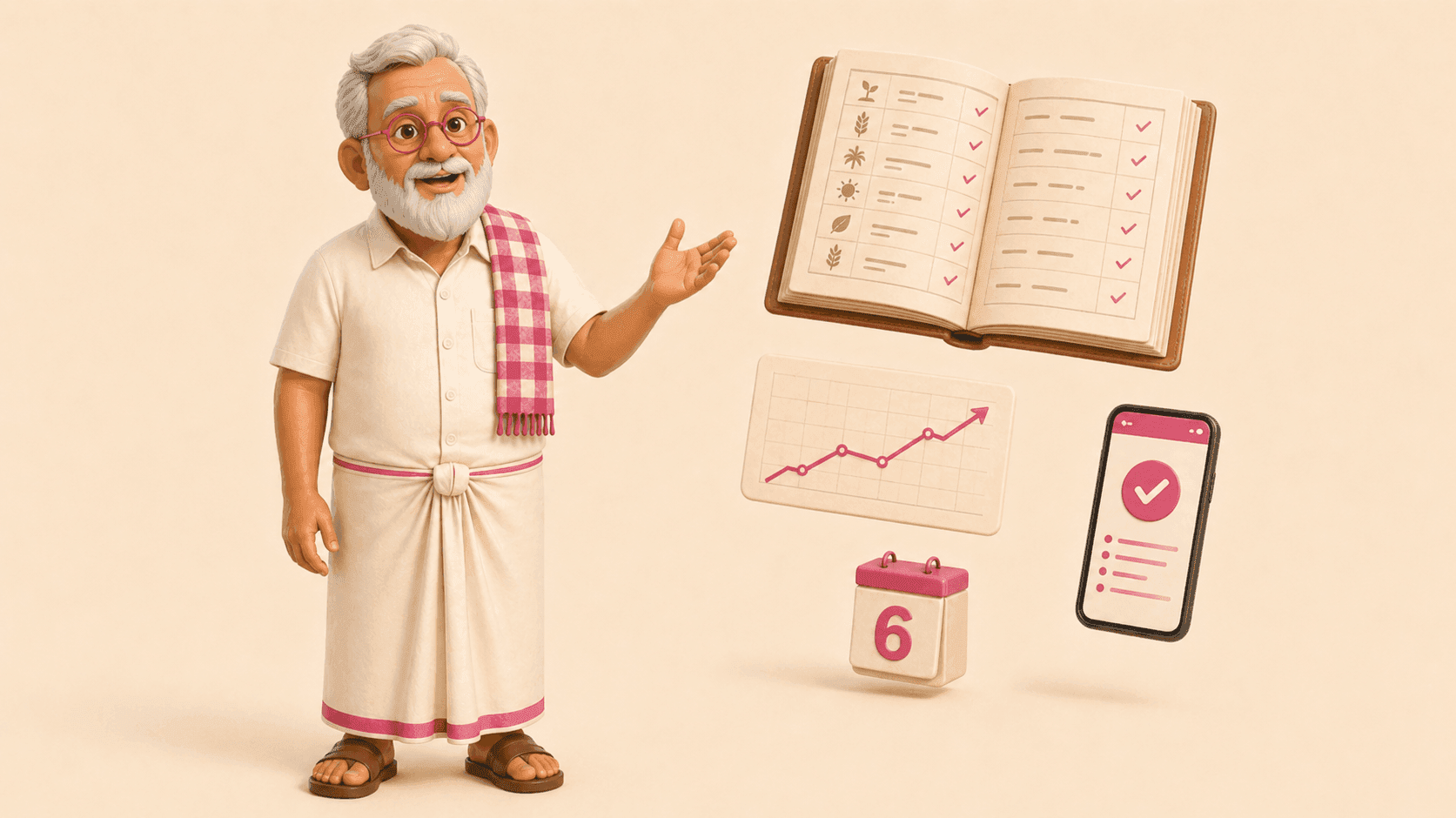 Farmer with a teaching gesture, ledger and credit approval graphics floating beside him