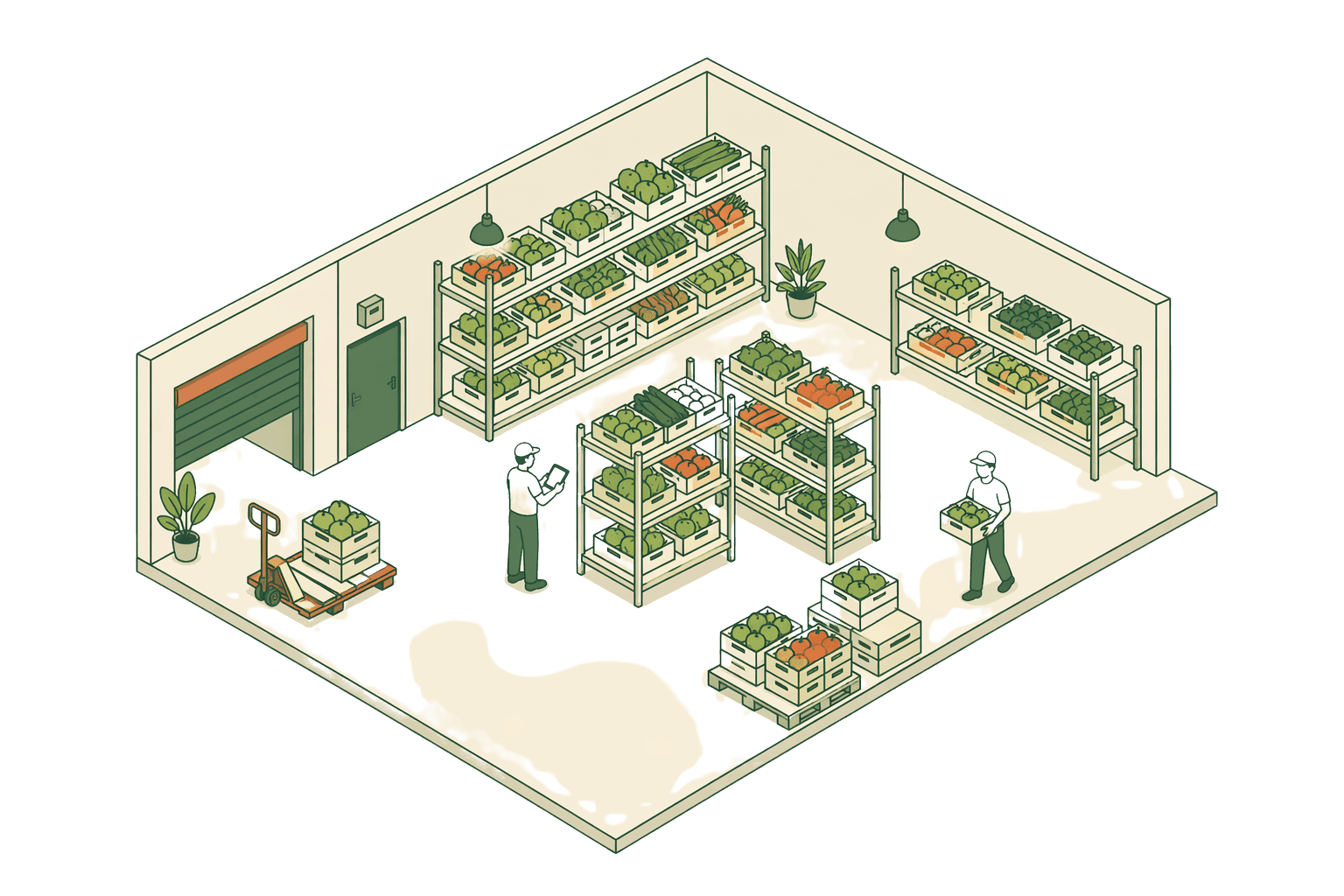 An isometric dark-store interior with shelves of fresh produce crates stocked in orderly rows