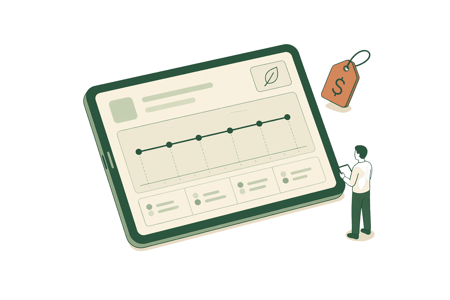 A line illustration of a price tag and pricing dashboard showing a flat stable line